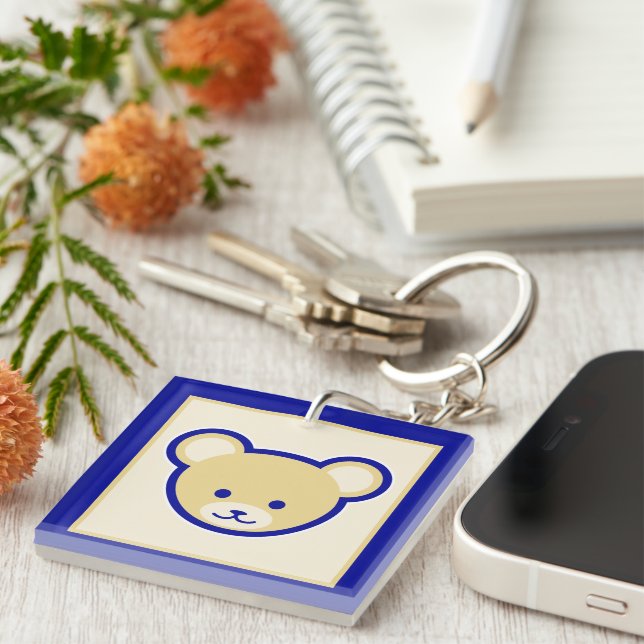 Porte-clefs Carton Bleu Beige Teddy Ours Mignonne Drôle (Devant Droit)