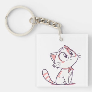 Porte-clefs Cartoon Cute White & Rose Kitten - Acrylique pour