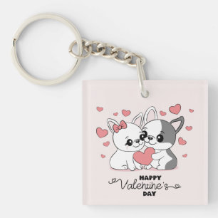 Porte-clefs Cartoon mignon Bulldog Les amoureux des coeurs Sai