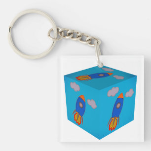 Porte-clefs Cartoon Space Rocket Flying Et Blue Sky Cube