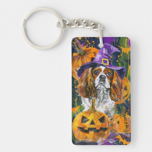 Porte-clefs Cavalier King Chien Halloween Sorcière Et Citrouil (Devant)