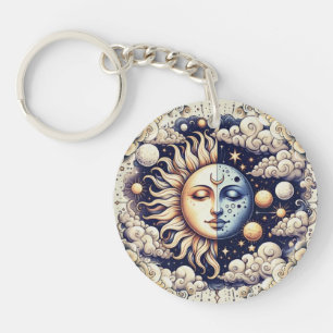 Porte-clefs Céleste Vintage Demi Soleil & Lune Bleu Jaune