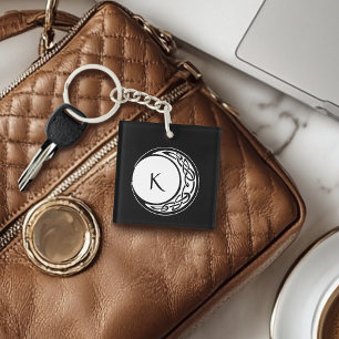 Porte-clefs Celtic Knotwork Cercle de Lune Monogramme Noir Bla