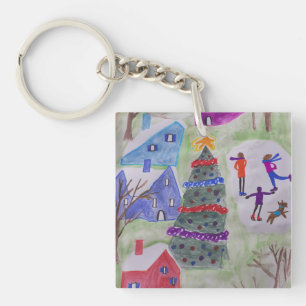 Porte-clefs Cercle de clé acrylique du village de Noël