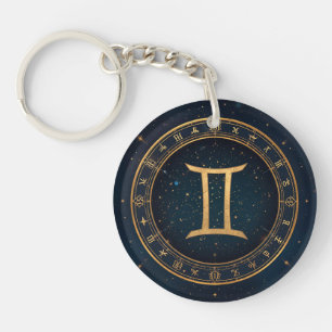 Porte-clefs Cercle Zodiacal Gémeaux Dorés avec Nuit Étoilée
