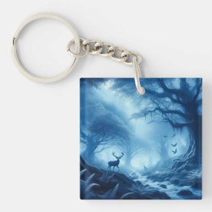 Porte-clefs Cerf dans une forêt sombre de brume bleue