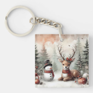 Porte-clefs Cerf de Noël/bonhomme de neige en bois classique