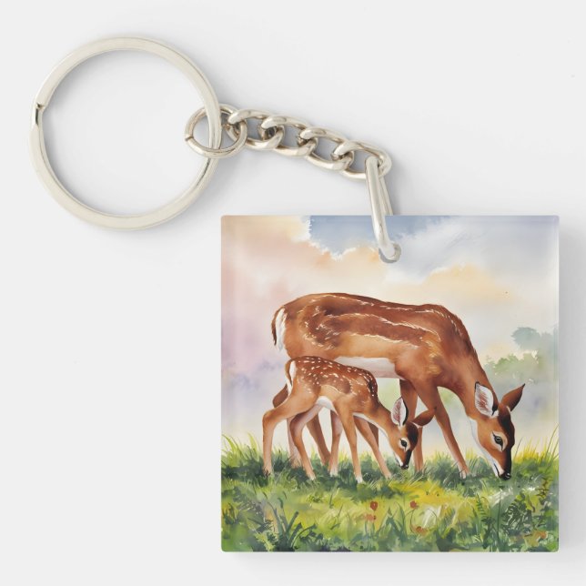 Porte-clefs Cerf peint maman et bébé (Devant)