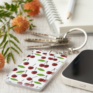 Porte-clefs Cerise Rouge, Motif De Cerises, Feuilles, Fruits