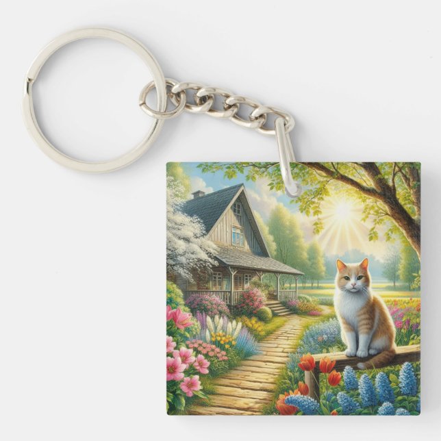 Porte-clefs Chalet de printemps/jardin & chat (Devant)