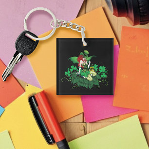 Porte-clefs Chance Trèfle Vert Fée Rouge Cheveux Shamrock
