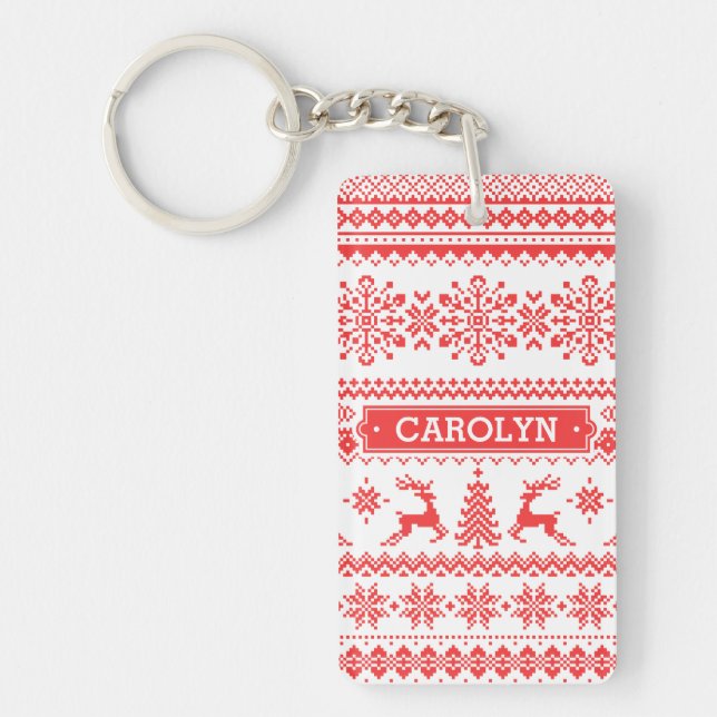 Porte-clefs Chandail de Noël rouge brun motif monogramme (Devant)