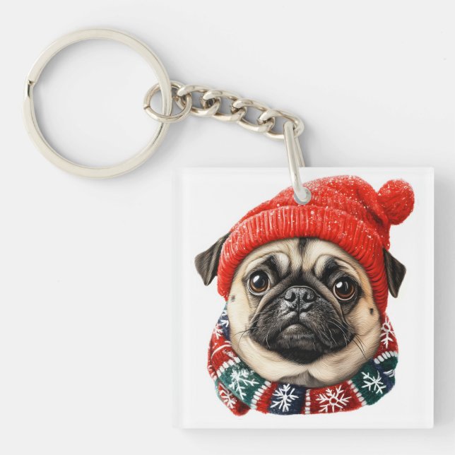 Porte-clefs Chapeau de Noël pug mignon (Devant)