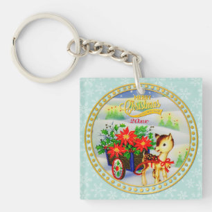 Porte-clefs Chariot de fleurs et rennes de Noël vintage adorab