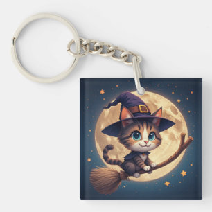 Porte-clefs Charmante chatte sorcière sous les étoiles et la p