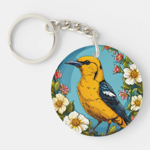 Porte-clefs 🐦 Charme de Jardin de Loriot Doré Fleurissant Cad