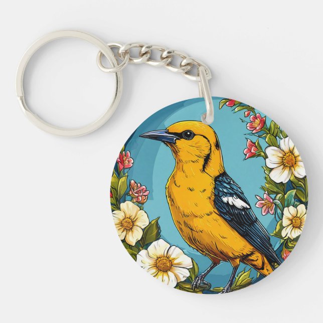Porte-clefs 🐦 Charme de Jardin de Loriot Doré Fleurissant Cad (Devant)