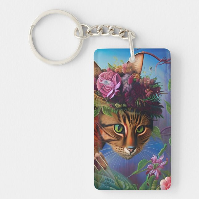 Porte-clefs chat à fleurs art casquette (Devant)