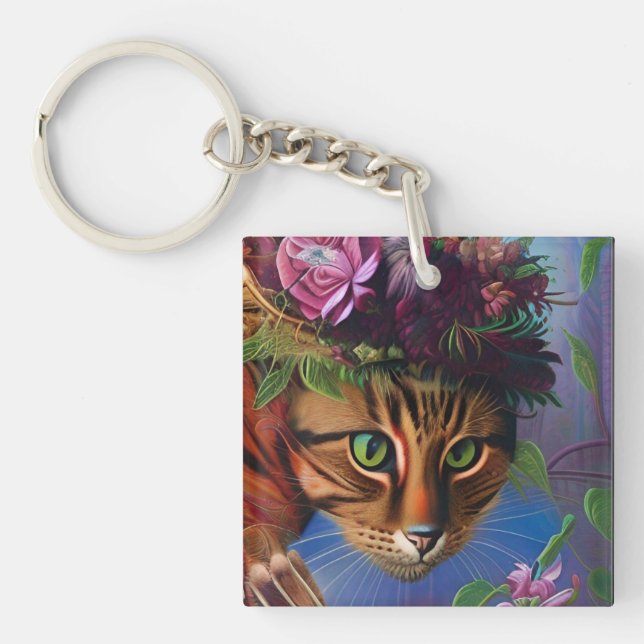 Porte-clefs chat à fleurs art casquette (Devant)