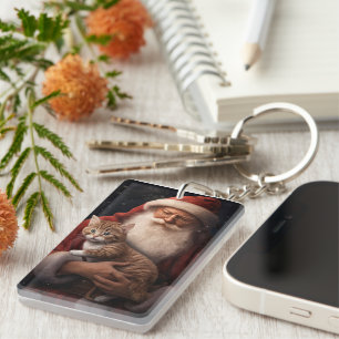 Porte-clefs Chat abyssin avec le Père Noël Festif Noël