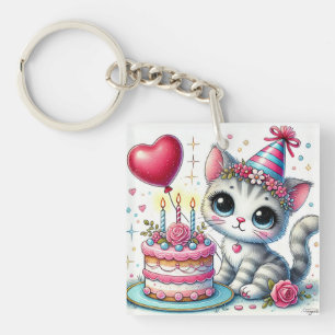 Porte-clefs Chat adorable célébrant son anniversaire avec un g