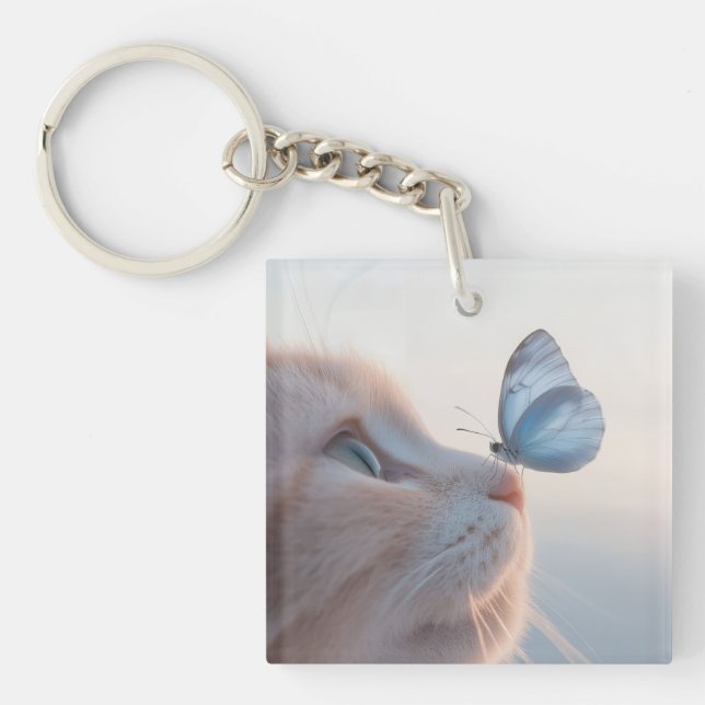 Porte-clefs Chat adorable et papillon bleu (Devant)
