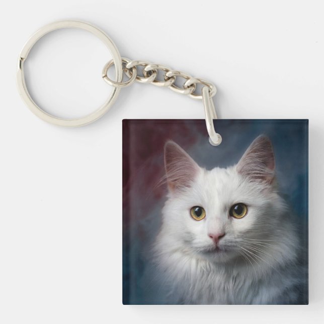 Porte-clefs Chat angora turc blanc yeux rouges bleus (Devant)