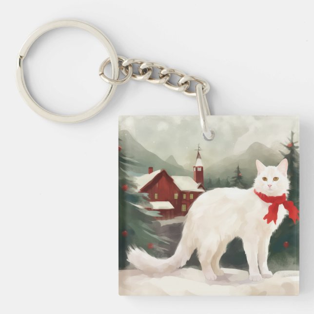 Porte-clefs Chat Angora turc en Noël de neige (Devant)