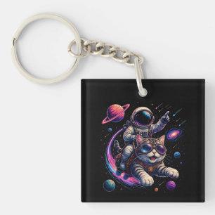 Porte-clefs Chat astronaute chevauchant dans l'espace