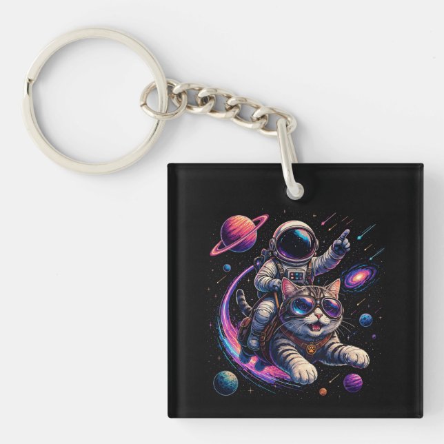 Porte-clefs Chat astronaute chevauchant dans l'espace (Devant)
