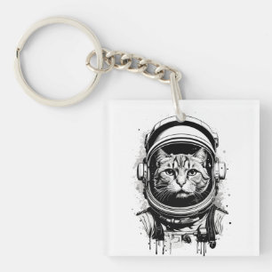 Porte-clefs Chat astronaute noir et blanc