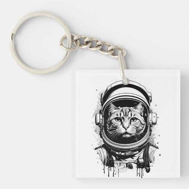 Porte-clefs Chat astronaute noir et blanc (Devant)