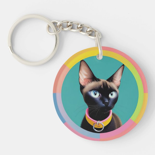 Porte-clefs Chat aux yeux frappants par miroir circulaire (Devant)