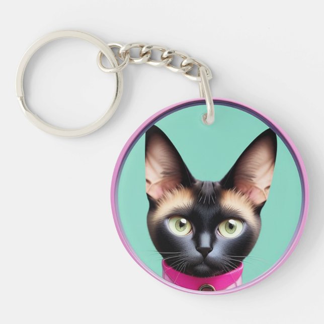 Porte-clefs Chat aux yeux frappants par miroir circulaire (Devant)