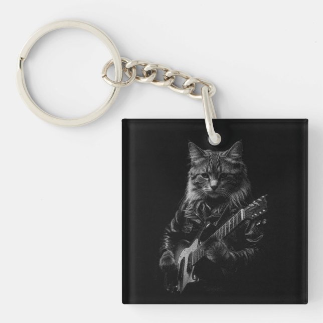 Porte-clefs Chat avec cuir Veste jouant guitare électrique (Devant)