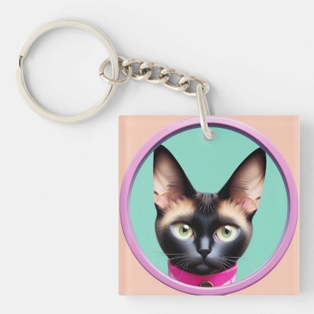 Porte-clefs Chat avec yeux frappants par miroir circulaire (Devant)