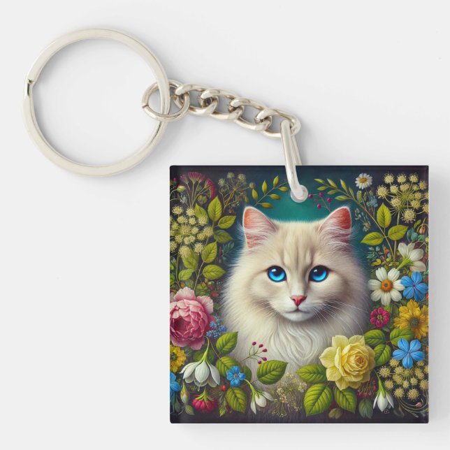 Porte-clefs Chat Blanc Aux Yeux Bleus (Devant)
