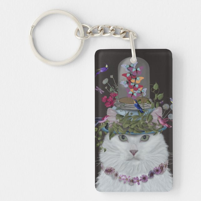 Porte-clefs Chat blanc avec cloche papillon (Devant)