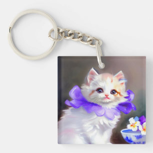 Porte-clefs Chat blanc avec collier de fleurs violettes
