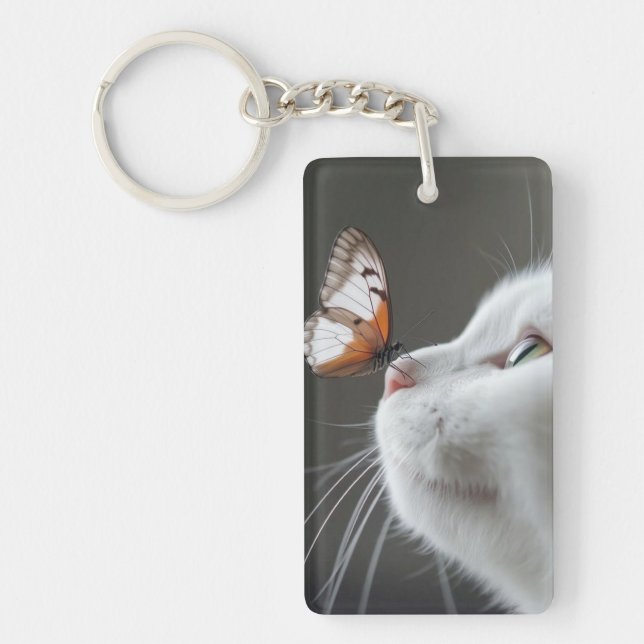 Porte-clefs Chat blanc avec papillon (Devant)