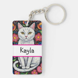 Porte-clefs Chat blanc dans des fleurs d'art populaire colorée
