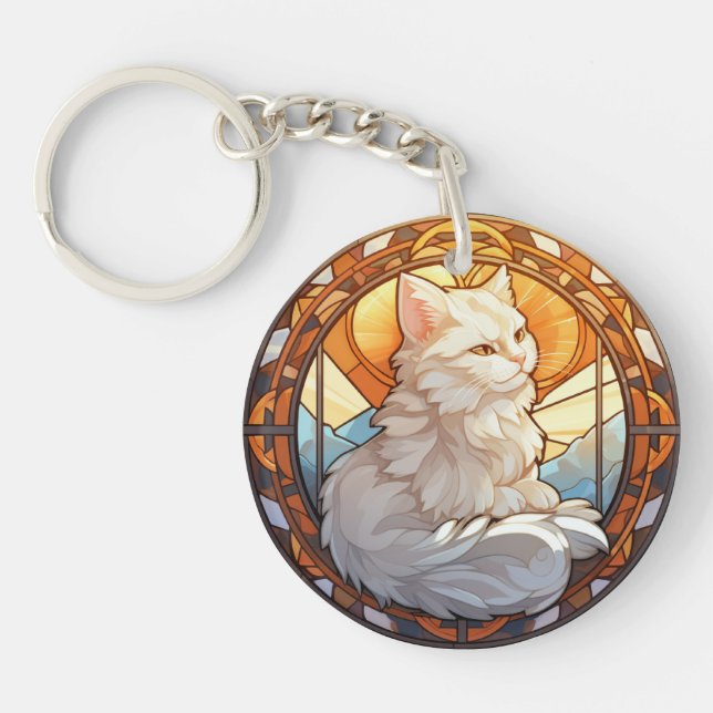 Porte-clefs Chat blanc en verre doux (Devant)