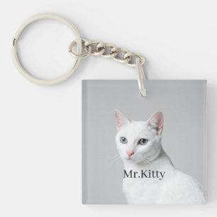 Porte-clefs Chat Blanc Nom de l'animal personnalisé – Portrait