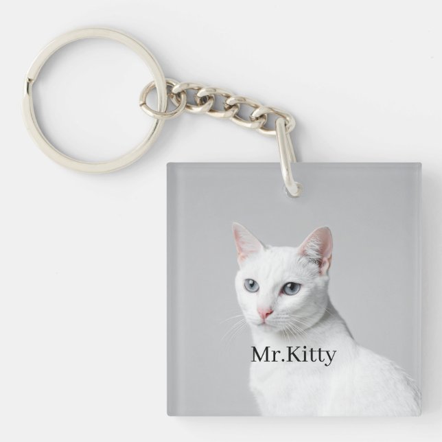 Porte-clefs Chat Blanc Nom de l'animal personnalisé – Portrait (Devant)