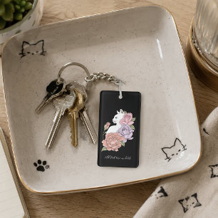 Porte-clefs Chat Blanc Pastel Floral Botanique Romantique Noir