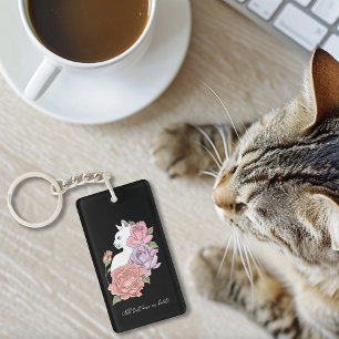 Porte-clefs Chat Blanc Pastel Floral Botanique Romantique Noir