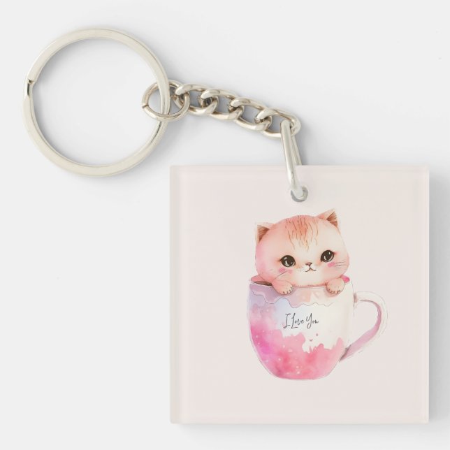 Porte-clefs Chat blanc-rose mignonne dans une tasse de thé (2) (Devant)