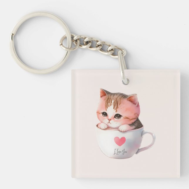 Porte-clefs Chat blanc-rose mignonne dans une tasse de thé (2) (Devant)