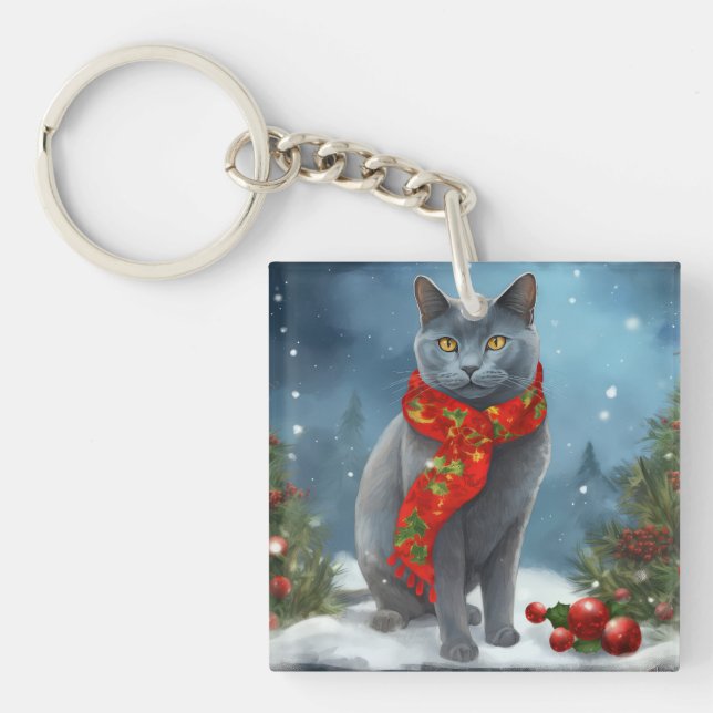 Porte-clefs Chat bleu russe à Noël de neige (Devant)