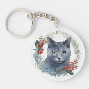 Porte-clefs Chat Bleu Russe Couronne de Noël Kitten Festif